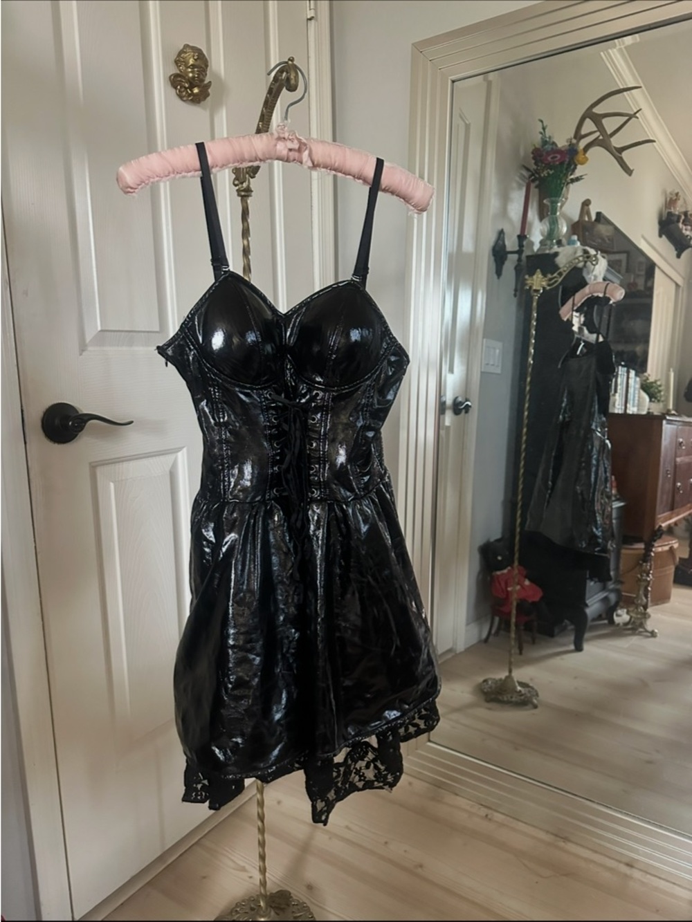 Lip Service Black Patent Faux Leather Lace-Hem Mini Dress